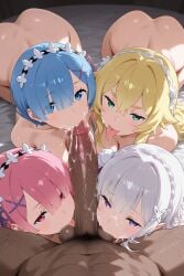 4girls ai_generated blowjob emilia_(re:zero) frederica_baumann pepethunter pov ram_(re:zero) re:zero_kara_hajimeru_isekai_seikatsu rem_(re:zero)