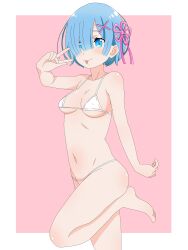 1girls ankake_pasta ankles bare_arms bare_belly bare_calves bare_chest bare_hands bare_hips bare_knees bare_legs bare_midriff bare_navel bare_shoulders bare_skin bare_thighs bare_toes bare_torso barefoot belly belly_button bikini bikini_bottom bikini_only bikini_top blue_eyebrows blue_eyes blue_eyes_female blue_hair blue_hair_female blush blush_face blushing_at_viewer blushing_female blushing_lines breasts calves closed_mouth_smile collarbone digital digital_art digital_drawing digital_drawing_(artwork) digital_media digital_media_(artwork) elbows exposed_arms exposed_belly exposed_chest exposed_hips exposed_legs exposed_midriff exposed_navel exposed_shoulders exposed_skin exposed_thighs exposed_toes exposed_torso eyebrows_hidden_by_hair feet female female_focus female_only fingers foot_up full_body groin hair_covering_eye hair_ornament hair_ornaments hair_over_eye hair_over_one_eye half_naked half_nude halterneck high_resolution highres inframammary_fold knees lean_figure legs looking_at_viewer medium_breasts midriff naked naked_female naked_woman narrow_waist navel nipple_bulge nude nude_female nudity parted_bangs peace_sign petite petite_body petite_breasts petite_female petite_girl petite_tits pink_background posing posing_for_the_viewer posing_naked posing_nude re:zero_kara_hajimeru_isekai_seikatsu rem_(re:zero) semi_nude short_hair shoulders sign simple_background slender_body slender_waist slim_waist smile smiley_face smiling smiling_at_viewer smirk solo standing string_bikini swimsuit swimwear teen_girl teenage_girl teenager thighs toes tongue tongue_out v v_sign white_bikini white_bikini_bottom white_bikini_top white_string_bikini white_swimsuit white_swimwear young_female young_woman