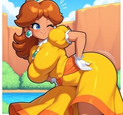 ai_generated blue_eyes border brooch brown_hair closed_mouth dress earrings female full_body gloves high_heels highres hip_attack jewelry mario_(series) nintendo one_eye_closed polka_dot polka_dot_background princess_daisy smile solo super_mario_land super_smash_bros. white_border wink yellow_dress