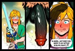 2boys ai_art ai_generated big_balls big_penis blue_eyes blush dark-skinned_male dark_skin defeated_hero earrings elf_ears embarrassed flushed gay genshin_impact golden_hair gulp hilichurls_(species) hylian imminent_rape imminent_sex leaking_precum licking_lips link link_(tears_of_the_kingdom) male/male male_only massive_penis master_sword nintendo novelai penis_shadow rauru's_arm submissive_male surrendering sweat text text_bubble the_legend_of_zelda trembling uncensored yaoi zoom_in