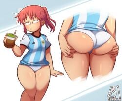 absurdres argentina argentinian_flag argentinian_flag_print artist_name ass ass_focus cropped_legs female flag_print highres huge_ass kobayashi-san_chi_no_maidragon kobayashi_(maidragon) panties ponytail red_hair semi_draws semidraws shirt solo standing underwear wedgie white_panties