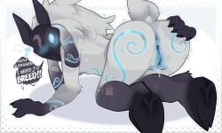 anthro anus ass big_butt blue_anus blue_eyes blue_markings blue_vulva blush blush_lines bodily_fluids bovid caprine dialogue empty_eyes female floppy_ears fur genital_fluids genitals gloves_(marking) goah_sparky grey_body grey_fur hi_res hooves kindred_(lol) lamb_(lol) league_of_legends leg_markings looking_back lop_ears mammal markings mask nude pattern_background rear_view riot_games sheep simple_background socks_(marking) solo tencent text thick_thighs vaginal_fluids vulva white_background white_body white_fur wide_hips