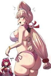 2girls absurdres alice_thymefield alice_thymefield_(sea_of_thyme) animal_ears ass bare_shoulders bite_mark blonde_hair breasts character_name cleavage clothes_writing commentary eyewear_on_head heart heart-shaped_eyewear highres hinghoi long_hair multiple_girls red_eyes red_hair simple_background thighs thumbs_up ukinami_yuzuha ukinami_yuzuha_(tanuki_in_broad_daylight) upper_body very_long_hair white_background yellow_eyes zenless_zone_zero