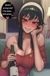 ai_generated alcohol bare_shoulders black_hair blush bottle breasts cleavage clothing collarbone couch cup dress drunk earrings elbow_rest english_text female gold_earrings grin hairband head_rest headwear holding holding_bottle indoors jewelry lamp large_breasts latbjorn_ai long_hair looking_at_viewer night nose_blush off-shoulder_sweater off_shoulder on_couch red_eyes red_sweater sidelocks smile solo spy_x_family squeans sweater teeth text upper_body white_hairband window wine_bottle yor_briar