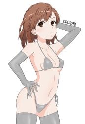 1girls ankake_pasta arm_up armpit armpit_crease armpit_peek armpits bare_armpits bare_belly bare_chest bare_hips bare_midriff bare_navel bare_shoulders bare_skin bare_torso belly belly_button bikini bikini_bottom bikini_only bikini_top blush blush_face blushing_at_viewer blushing_female blushing_lines breasts brown_eyebrows brown_eyes brown_eyes_female brown_hair brown_hair_female collarbone digital digital_art digital_drawing digital_drawing_(artwork) digital_media digital_media_(artwork) elbow_gloves elbows exposed_armpits exposed_belly exposed_chest exposed_hips exposed_midriff exposed_navel exposed_shoulders exposed_skin exposed_torso female female_focus female_only fingers gloves grey_bikini grey_bikini_bottom grey_bikini_top grey_elbow_gloves grey_gloves grey_legwear grey_long_gloves grey_stockings grey_string_bikini grey_swimsuit grey_swimwear grey_thigh_highs grey_thighhighs groin hairless_armpits half_naked half_nude halterneck hand_behind_head hand_on_hip hand_on_own_hip hand_up high_resolution high_school_student highres inframammary_fold lean_figure legwear linea_alba long_gloves looking_at_viewer medium_hair midriff misaka_mikoto naked naked_female naked_woman narrow_waist navel nipple_bulge nude nude_female nudity petite petite_body petite_breasts petite_female petite_girl petite_tits posing posing_for_the_viewer school_girl semi_nude shaved_armpits shoulders side-tie_bikini simple_background slender_body slender_waist slim_waist small_breasts solo standing stockings stomach string_bikini swimsuit swimwear teen_girl teenage_girl teenager thigh_highs thighhighs thighs to_aru_kagaku_no_railgun to_aru_majutsu_no_index underboob upper_body white_background wide_hips young_female young_woman