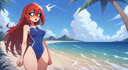 1girls 2025 ai_generated alear_(fire_emblem) alear_(fire_emblem)_(female) beach blue_swimsuit blush breasts cameltoe cloud competition_swimsuit covered_navel covered_nipples cowboy_shot day female fire_emblem fire_emblem_engage hair_between_eyes highres human medium_breasts mountain navel nintendo nipples ocean one-piece_swimsuit open_mouth outdoors palm_tree red_eyes red_hair sand sky solo standing surprised sweat very_long_hair water wet