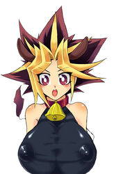 animal_ears bb beige_skin bell bell_collar breasts cleavage clothes collar color female female_only front_view hair human large_breasts looking_at_viewer nipples open_eyes open_mouth rule_63 solo white_background yu-gi-oh!