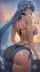 ai_generated akame_ga_kill! ass back bikini blue_eyes blue_hair blue_sarong breasts choker cloud dandanhub esdeath_(akame_ga_kill!) female female_only from_behind hair_between_eyes large_breasts lips long_hair looking_at_viewer looking_back ocean outdoors sarong see-through sideboob sky smile solo sunset swimsuit thighs thong_bikini very_long_hair wet white_bikini