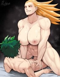 1boy abs artist_name blonde_hair blush boku_no_hero_academia breasts brown_eyes collarbone commentary commission completely_nude cowgirl_position devilukez english_commentary female grey_hair highres large_breasts long_hair midoriya_izuku muscular muscular_female navel nipples nude penis scar scar_on_arm scar_on_hand sex short_hair smile star_and_stripe_(boku_no_hero_academia) straddling sweat vaginal_penetration
