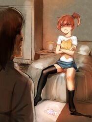 :< angry bed black_socks bow_(artist) bow_(bhp) crossed_arms cum cum_on_clothes female frown highres legs on_bed orange_eyes orange_hair original panties pantyshot pillow short_hair side_ponytail sitting skirt sock_pull socks striped striped_panties sweatdrop thigh_socks thighhighs underwear