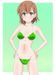 1girls ankake_pasta ass_visible_through_thighs bare_armpits bare_arms bare_belly bare_chest bare_hands bare_hips bare_legs bare_midriff bare_navel bare_shoulders bare_skin bare_thighs bare_torso belly belly_button bikini bikini_bottom bikini_only bikini_top blush blush_face blushing_at_viewer blushing_female blushing_lines breasts brown_eyebrows brown_eyes brown_eyes_female brown_hair brown_hair_female collarbone completely_naked_female digital digital_art digital_drawing digital_drawing_(artwork) digital_media digital_media_(artwork) elbows embarrassed embarrassed_exposed_female embarrassed_expression embarrassed_female exposed_armpits exposed_arms exposed_belly exposed_chest exposed_hips exposed_legs exposed_midriff exposed_navel exposed_shoulders exposed_skin exposed_thighs exposed_torso female female_focus female_only fingers flustered flustered_female frown frown_eyebrows frowning frowning_at_viewer fully_naked fully_nude green_background green_bikini green_bikini_bottom green_bikini_top green_string_bikini green_swimsuit green_swimwear groin hair_between_eyes halterneck hand_on_hip hand_on_own_hip hand_on_own_waist hand_on_waist hands_on_hips hands_on_own_hips hands_on_own_waist hands_on_waist high_resolution high_school_student highres inguinal_crease inguinal_ligament knees lean_figure looking_at_viewer medium_hair midriff misaka_mikoto naked naked_female naked_woman narrow_waist navel nude nude_female nudity petite petite_body petite_breasts petite_female petite_girl petite_tits school_girl shoulders simple_background slender_body slender_waist slim_waist small_breasts solo standing string_bikini swimsuit swimwear teen_girl teenage_girl teenager thigh_gap thighs to_aru_kagaku_no_railgun to_aru_majutsu_no_index topless topless_female upper_body young_female young_woman