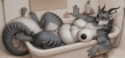4_toes ai_generated anthro bathroom bathtub big_breasts black_claws black_nipples breasts chubby_belly claws digitigrade facial_spikes fangs feet female fluffy fluffy_fur fluffy_tail fur grey_body grey_fur hi_res horn hybrid jaw_apikes lizard_tail milf mom_bod multicolored_body multicolored_fur navel neck_tuft nipples obese overweight red_eyes slightly_chubby slingsting solo spikes spikes_(anatomy) striped_body striped_fur stripes thick_thighs toes tuft two_tone_body two_tone_fur wolf_ears zeik_(slingsting)