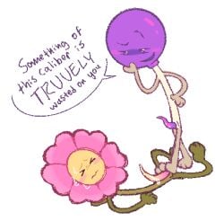 animate_inanimate battle_for_dream_island clockstops3am dialogue duo elemental_creature english_text feet flora_fauna flower flower_(bfdi) flower_creature foot_fetish foot_on_penis foot_play genitals hi_res humanoid labbit1337 lollipop_(bfdi) male object_shows penis plant simple_background tapering_penis text white_background