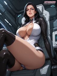 ai_generated artoonizer big_ass big_breasts black_hair blue_eyes bodysuit crossed_legs curvy dark_hair female gloves large_breasts leather leather_clothing legwear light-skin light-skinned_female looking_at_viewer mass_effect miranda_lawson narrow_waist patreon patreon_username plunging_neckline posing sagging_breasts sci-fi sitting sitting_on_chair smile solo solo_focus thick_thighs thigh thigh_boots thigh_highs thighhighs thighs tight_clothing