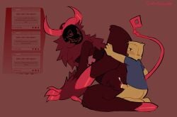 2_horns absurd_res anthro biped blue_clothing blue_shirt blue_topwear blush bodily_fluids bottomless canon_couple claws clothed clothing cum cum_in_vagina cum_inside cum_on_fur cum_on_penis demon duo female female_penetrated forsaken_(roblox) fur genital_fluids genitals guest_666_(forsaken) hat hat_only headgear headgear_only headwear headwear_only hi_res hooves horn human larger_penetrated leaking_cum leg_glider_position long_tail male male/female male_penetrating male_penetrating_female mammal mostly_nude nonbinary_(lore) noob_(roblox) penetration penile penile_penetration penis penis_in_vagina raised_leg red_body red_fur roblox sex shirt sixforfivepound size_difference strawpage tail topwear unguligrade unknown_species vaginal_penetration vulva