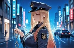 1girls 2girls ai_generated aiguillette badge barbell_piercing black_choker black_necktie blonde_hair blue_shirt breast_pocket breasts building car choker city cityscape clothing collared_shirt colored_tips cuffs curvaceous curvaceous_female curvaceous_figure curvy curvy_figure ear_piercing earrings female female_focus gradient_hair ground_vehicle hair_behind_ear handcuffs hat headwear holding industrial_piercing jacket jewelry kitagawa_marin large_breasts lips long_hair long_sleeves looking_at_viewer miyuai motor_vehicle multicolored_hair multiple_girls necktie night night_sky outdoors peaked_cap piercing pink_lips pink_nails pocket police police_car police_hat police_uniform policeman policewoman red_eyes road shirt sign sky solo solo_focus sono_bisque_doll_wa_koi_wo_suru street uniform upper_body vehicle voluptuous voluptuous_female walkie-talkie
