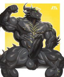5:6 abs absurd_res anthro balls barazoku barbell_piercing big_muscles black_balls black_body black_hair black_penis blonde_hair chin_spikes dragon erection facial_spikes front_view genitals glistening glistening_eyes green_eyes grey_horn hair hi_res horn horn_jewelry horn_ring huge_muscles humanoid_genitalia humanoid_penis jewelry johnthelewd_art looking_at_viewer male male_anthro multicolored_hair muscular muscular_anthro muscular_male mythological_creature mythological_scalie mythology narrowed_eyes nipple_barbell nipple_piercing nipples nude pecs penis piercing pupils ring_(jewelry) scalie sitting slit_pupils smile solo spikes spikes_(anatomy) spread_legs spreading two_tone_hair
