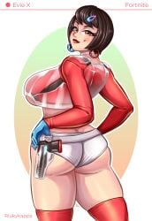1female 1girls 2d 2d_(artwork) ass ass_focus big_ass big_breasts big_butt black_hair blush clothed clothed_female clothing earrings epic_games evie_(fortnite) female female_only fortnite fortnite:_battle_royale gloves gun hair_ornament hairclip legwear light-skinned_female light_skin lipstick looking_at_viewer looking_back looking_back_at_viewer presenting red_lipstick revealing_clothes riukykappa short_hair shorts smile smiling smiling_at_viewer solo solo_female standing thick_thighs thighs tight_clothes tight_clothing tight_pants