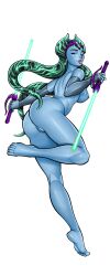 absurd_res alien asona_phaal blue_body female green_eyes hi_res humanoid jedi lekku_(anatomy) lightsaber looking_at_viewer melee_weapon nipples nude nude_female raised_leg solo star_wars togruta unknown_artist weapon