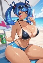 1girls abdomen ai_generated beach beach_background bikini blair_incognita blue_angel blue_eyes blue_hair female glasses heart hips huge_breasts long_legs looking_at_viewer navel open_mouth outdoors side_view soda tanned tanned_skin thighs twintails wide_hips wings yu-gi-oh! yu-gi-oh!_vrains zaizen_aoi