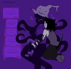 5_fingers absurd_res ambiguous_gender azure_(forsaken) biped black_body black_hair canon_couple claws clothed clothing duo egg egg_from_penis fingers footwear forsaken_(roblox) fully_clothed genitals glistening glistening_tentacles hair handjob hat headgear headwear heart_symbol hi_res humanoid humanoid_hands humanoid_on_humanoid kneeling long_tail male male/ambiguous not_furry oviposition penile penis penis_tentacles purple_background purple_clothing purple_penis purple_topwear purple_vest roblox roblox_spawn_symbol robloxian scar self-harm_scars sex simple_background sitting sixforfivepound smile socks strawpage tail tentacle tentacle_creature topwear two_time_(forsaken) unknown_species vest witch_hat