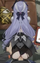 1boy absurdres black_pantyhose black_shirt black_skirt blue_bow blue_jacket bow braid female hairband hairbow half_up_braid hand_on_another's_ass highres jacket lolita_hairband long_hair panties pantyhose pointy_ears pov purple_hair purple_hairband purple_panties sex sex_from_behind shengtian shirt skirt straight torn_clothes torn_pantyhose underwear vaginal_penetration vivian_banshee white_shirt zenless_zone_zero