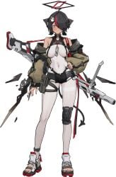 absurdres ammunition_pouch bare_shoulders black_hair black_nails bodysuit breasts clenched_teeth female gun halo hand_on_own_hip highres knee_pads large_breasts looking_at_viewer low_twintails medium_hair multicolored_hair navel open_mouth original patch pouch purple_eyes red_hair shoes short_shorts shorts single_knee_pad skin_tight skindentation smile sneakers solo standing stirrup_legwear stomach streaked_hair sweatdrop teeth thigh_strap tian_dong_wu_yu toeless_legwear tomboy turtleneck turtleneck_bodysuit twintails weapon white_background white_bodystocking