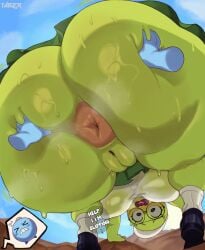 1girls anus artist_name ass ass_focus ass_grab blush character_request english_text eyewear female glasses green_body green_skin huge_ass open_mouth peak_(videogame) pussy speech_bubble sweat sweatdrop sweating taigerarts text vagina