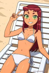 ai_generated beach beach_chair bikini cowboy_shot frontal looking_at_viewer peace_sign pinku.ai smile starfire sunbathing teen_titans white_side-tie_bikini