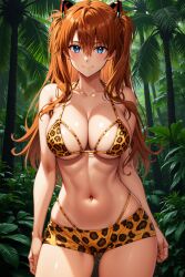 1girl ai-created ai_generated alternative_bust_size animal_print asuka_langley_sohryu bangs bare_arms bare_shoulders bikini bikini_shorts blue_eyes blush boyshorts breasts brown_hair clavicle cleavage closed_mouth clothing day female female_only hair_between_eyes hair_ornament headgear headwear high_resolution interface_headset large_breasts leopard_print linea_alba long_hair looking_at_viewer medium_breasts midriff navel neon_genesis_evangelion orange_hair outdoors palm_tree plant rena_aikawa_(pixiv_user) shiny shiny_skin short_shorts shorts skindentation sky smile solo standing stomach string_bikini swimsuit tagme thigh_gap thighs tree two_side_up water