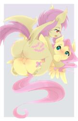 ass bat_wings blush cutie_mark duo equine feathered_wings feathers female fluttershy_(mlp) friendship_is_magic green_eyes hair long_hair mammal membranous_wings my_little_pony obakawaii pegasus pink_hair pussy pussy_juice raised_tail red_eyes selfcest sex square_crossover straight_hair tribadism wings yellow_feathers yuri