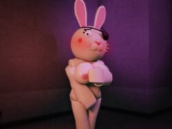1girls 3d blush breasts bunny_(piggy) covering_crotch embarrassed eyebrows eyelashes eyepatch nikkipickle piggy_(game) rabbit roblox roblox_game solo standing whiskers