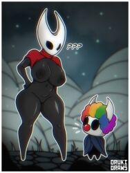 1boy 1girls anthro big_breasts big_thighs bigger_female black_body breasts clown female_focus hollow_knight hollow_knight:_silksong hornet_(hollow_knight) insect_girl insects nude orukidraws protagonist_(hollow_knight) pussy thick_thighs thighs