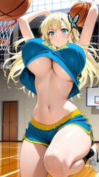 ai_generated basketball basketball_(ball) basketball_uniform blonde_hair blue_eyes boku_wa_tomodachi_ga_sukunai hands_up jumping sena_kashiwazaki underboob