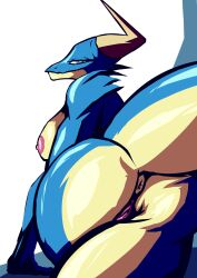 2020s 2022 absurd_res anthro ass big_ass big_butt big_hips blue_body blue_eyes blue_scales breasts butthole dragon dragon_girl dragoness eyelashes fattmana female female_only hi_res hips horns horny horny_female humanoid looking_at_viewer looking_back no_background no_dialogue no_humans pussy smile smiling smiling_at_viewer solo tail teasing teasing_viewer thick_thighs thighs two_tone_body two_tone_scales vagina wingless_dragon