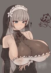 b_project_18 black_dress blue_eyes breast_expansion breasts covered_navel covered_nipples detached_sleeves dress earrings highres huge_breasts jewelry lactation lactation_through_clothes lelia_(sinisistar) long_hair mole mole_on_breast nun sideboob sinisistar sinisistar_2 upper_body white_hair