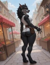4_fingers ai_generated anthro big_butt black_body black_fur black_nose blizzard_entertainment blue_sky bottomless braided_hair breasts butt canid canine canis city city_background claws clothed clothing cloud curvy_figure day digitigrade eyelashes fangs female fingerless_gloves fingers fluffy_body food fruit fur gloves grey_body grey_fur hair handwear hi_res lamp lantern looking_at_viewer looking_back looking_back_at_viewer mammal market medium_breasts multicolored_body multicolored_fur neck_tuft plant rear_view red_eyes sidelocks sky sleeveless slingsting smile smiling_at_viewer solo_focus standing stone_floor thick_thighs tuft two_tone_body two_tone_fur warcraft werecanid werecreature wide_hips wolf worgen world_of_warcraft