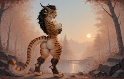 ai_generated anthro autumn big_breasts big_butt black_hair breasts butt charr curvy_figure digitigrade fangs felid feline female fluffy fluffy_fur fluffy_tail fur green_eyes guild hair hi_res holding_breast horn lake mammal multicolored_body multicolored_fur muscular muscular_female neck_tuft orange_body orange_fur pink_nose slingsting smile smiling_at_viewer solo stripes sunset thick_thighs tuft two_tone_body two_tone_fur wars