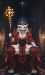 ai_generated anthro big_breasts blizzard_entertainment boots breasts canid church clothing curvy_figure digitigrade disappointed_expression eyeliner fantasy female fluffy_fur footwear fur hi_res legwear makeup mammal night priestess red_clothing red_eyes sally_whitemane slingsting solo staff thick_thighs thigh_boots thigh_highs warcraft werecanid werecreature white_body white_fur worgen world_of_warcraft