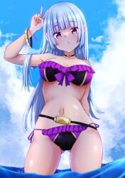 1girls :o absurd_res absurdres arms_behind_back bare_shoulders bare_thighs belt bikini bikini_bottom bikini_top blue_hair blush bracelet bracelets breasts cameltoe choker cleavage collar cute female female_focus female_only g-string hi_res high_resolution highres hips hourglass_figure jewelry king_of_fighters kof kula_diamond long_hair looking_at_viewer looking_down medium_breasts ocean peace_sign pinup pose posing purple_bikini purple_bikini_bottom purple_bikini_top purple_swimsuit purple_thong red_eyes snk solo solo_female solo_focus standing swimsuit the_king_of_fighters thong v very_high_resolution wide_hips yanagifish