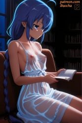 ahoge ai_generated bare_arms bare_shoulders black_ribbon blue_eyes blue_hair book bookshelf braid braided_ponytail breasts buccha closed_mouth clothing collarbone couch covered_nipples crossed_bangs dress expressionless female hair_between_eyes hair_ribbon holding holding_book indoors long_braid long_hair mushoku_tensei:_isekai_ittara_honki_dasu night nightgown nipples no_bra no_panties on_couch open_book original patreon reading ribbon roxy_migurdia see-through see-through_dress sidelocks sitting sleeveless sleeveless_dress small_breasts solo spaghetti_strap sundress thighs twin_braids very_long_hair wet wet_clothes wet_dress white_dress window