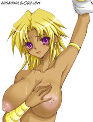 1girls bb blonde_hair blush breasts color dark-skinned_female dark_skin ear_piercing female female_only front_view hair human large_breasts looking_at_viewer marik_ishtar nipples nude open_eyes open_mouth piercing purple_eyes round-ears rule_63 solo white_background yu-gi-oh! yu-gi-oh!_duel_monsters