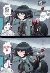 1boy 1girls aqua_eyes big_breasts big_butt black_hair blush breasts cat_ears catboy clothing condom condom_packet crazy_eyes crazy_girl crazy_smile dantex1809 dominant dominant_female ear_piercing earings eye_color_change female female_on_top female_pubic_hair fully_clothed funny fur_collar gloves heart holding_wrist hoyoverse imminent_sex jacket jane_doe_(zenless_zone_zero) long_hair looking_at_partner male male/female midriff multicolored_hair panels rat_ears rat_girl rat_tail red_eyes ripped_condom screaming seth_lowell shorts speech_bubble straight tail text thiren weapon_tail white_hair zenless_zone_zero