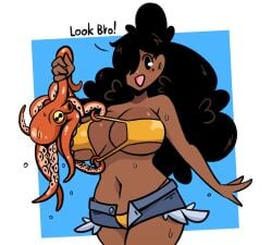 1girls 2025 belly_button big_breasts bikini black_eyes black_hair blue_background breasts bro_(murgoten) denim_shorts dripping_water dripping_wet grabbing_clothing grabbing_swimwear holding_animal long_hair loose_hair mob_face mole mole_under_eye mollusk murgoten navel octopus open_mouth simple_background simple_eyes swimsuit two_piece_swimsuit wet