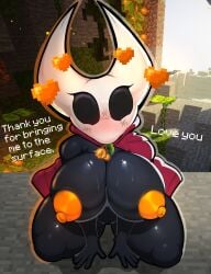 1girls big_breasts black_body blush breasts cave_entrance english_text female female_only foxgumie hearts hollow_knight hornet_(hollow_knight) i_love_you kneeling large_breasts looking_at_viewer minecraft naked nipples nude solo tagme text