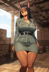ai_generated anthro anthro_female anthro_focus anthro_only black_hair brown_eyes brown_fur cleavage clenched_fists doberman doberman_pinscher dobermann eyebrows furry furry_female furry_focus furry_only large_breasts long_hair majorfluffy narrow_waist skirt thick_thighs tight_clothes tight_skirt two-tone_body two-tone_fur uniform waist_belt wide_hips