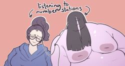 2girls bbw black_hair clair_(cooooookin) cooooookin fat fat_female fat_fetish female female_only ghost ghost_girl glasses himani listening_to_music multiple_girls obese obese_female