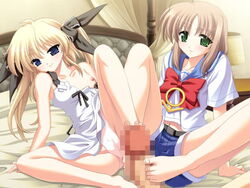 2girls bed blonde_hair blue_eyes brown_hair censored daikinzan_rururu daikinzan_sasara feet footjob game_cg green_eyes multiple_girls panties rururu_to_sasara_no_sensei_oshiete sitting souda_shinme underwear