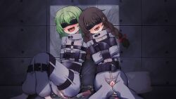 2girls :d absurdres arms_across_body blindfold blush bodysuit bondage bound bound_arms bound_legs braid brown_hair commission dildo egg_vibrator green_hair heaven4014 highres komeiji_koishi looking_at_viewer madotsuki multiple_girls object_insertion pixiv_commission pussy_juice sex_toy sitting smile straitjacket touhou twin_braids vaginal_object_insertion vaginal_penetration vibrator white_bodysuit yume_nikki