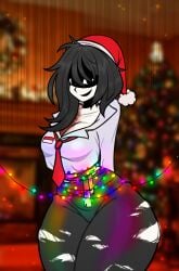 1girls bandage big_ass big_breasts big_thighs black_eyes black_hair breasts christmas christmas_2024 christmas_headwear christmas_lights christmas_tree color creepy_face creepy_smile female female_focus female_only huge_ass huge_breasts huge_thighs jeans looking_at_viewer new_year new_year_2025 office_clothing office_lady only_female pale pale-skinned_female pale_skin red_tie ripped_clothing ripped_pants ripping_clothing rust shadow_over_eyes smile smile_at_viewer smiley_face solo_focus tie velvetbunn white_body white_skin